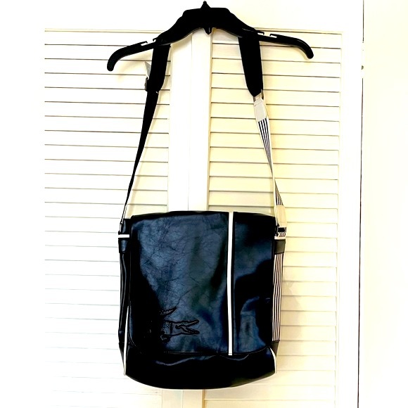 LACOSTE. Men’s or Unisex Solid Black and White Striped Cross Body Messenger Bag. - Picture 3 of 5